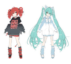 2girls absurdres animal_ear_headphones animal_ears black_shirt black_shoes black_socks blue_eyes blue_hair blue_jacket blue_skirt blue_socks bow cat_ear_headphones closed_mouth drill_hair fake_animal_ears hair_between_eyes hair_ribbon hatsune_miku headphones highres hito_mania_(utau) jacket kasane_teto kieed long_hair looking_at_viewer loose_socks multicolored_jacket multicolored_socks multiple_girls red_eyes red_hair red_skirt red_socks ribbon shirt shoes sidelocks skirt socks striped_clothes striped_socks twin_drills twintails utau vocaloid white_bow white_ribbon white_shoes