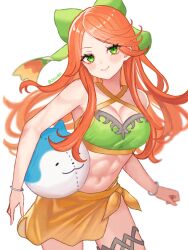 1girl abs bikini blush bow bracelet breasts character_ball cleavage closed_mouth crop_top etie_(fire_emblem) fire_emblem fire_emblem_engage green_bow green_eyes highres holding jewelry long_hair looking_at_viewer medium_breasts midriff navel nintendo orange_hair sarong skirt solo sommie_(fire_emblem) swept_bangs swimsuit thighlet zqzbq