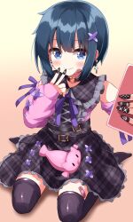 1girl arm_warmers bandaid_on_thigh black_capelet black_choker black_dress black_nails black_thighhighs blue_eyes blush capelet choker closed_mouth commentary_request dress earrings frilled_capelet frilled_dress frills green_hair hair_ornament highres holding jewelry looking_at_viewer minagi_hiyori nail_polish neck_ribbon plaid_capelet plaid_clothes plaid_dress purple_ribbon ribbon ruu_(tksymkw) short_hair sidelocks sitting slow_loop smile solo stuffed_animal stuffed_fish stuffed_toy thighhighs x_hair_ornament