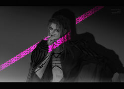 1boy artist_name black_jacket character_name cigarette dark diavolo drop_shadow english_text firepok fishnet_top fishnets greyscale head_tilt high_contrast holding holding_cigarette jacket jacket_on_shoulders jojo_no_kimyou_na_bouken letterboxed looking_at_viewer male_focus monochrome open_clothes open_jacket polka_dot polka_dot_hair smoking solo spot_color spotted_hair striped_clothes striped_jacket suit_jacket variant_set vento_aureo