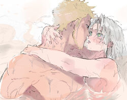2boys age_difference arms_around_neck blonde_facial_hair blonde_hair blue_eyes blush commentary_request completely_nude ear_blush facial_hair final_fantasy final_fantasy_vii final_fantasy_vii_ever_crisis glenn_lodbrok green_eyes grey_hair highres imminent_kiss in_water looking_at_another male_focus multiple_boys muscular muscular_male nude onsen open_mouth sephiroth sephiroth_(ever_crisis) short_hair slit_pupils spiked_hair steam water wet yaoi zc_furuya