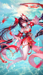 Rule 34 | 1girl, air bubble, artist name, bare legs, barefoot, bell, black choker, black hair, black sash, breasts, bubble, chest tattoo, choker, cleavage, detached sleeves, dress, facial mark, grin, highres, honkai: star rail, honkai (series), jingle bell, long hair, looking at viewer, mark under eye, mask, mask on head, medium breasts, nail polish, neck bell, obi, one eye closed, pink eyes, red nails, revision, sash, sheya, short dress, short sleeves, signature, smile, solo, sparkle (honkai: star rail), tattoo, thighs, underwater, very long hair