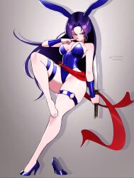 1girl breasts curvy highleg highleg_leotard highres jaxdrawz large_breasts leotard long_hair looking_at_viewer marvel marvel_rivals playboy_bunny psylocke psylocke_(vengeance) purple_eyes purple_hair sash shiny_skin shoes single_shoe solo superhero_costume sword thong_leotard weapon wide_hips x-men