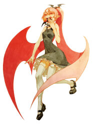 1girl black_dress black_shoes blood blood_from_mouth demon demon_girl demon_wings dress eating funamusea haiiro_teien highres long_hair lowrain mary_janes pink_hair pointy_ears ponytail rawberry_preserves shoes sleeveless sleeveless_dress solo thighhighs very_long_hair white_thighhighs wings