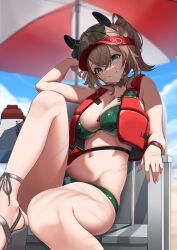 Rule 34 | 1girl, absurdres, animal ears, beach umbrella, bikini, breasts, brown hair, closed mouth, cowboy shot, day, eyewear on head, green-tinted eyewear, green bikini, green eyes, highres, indie virtual youtuber, large breasts, life vest, lifeguard, midorimae, navel, nimi nightmare, nimi nightmare (lifeguard), outdoors, ponytail, sitting, smile, solo, swimsuit, tapir ears, tapir girl, tinted eyewear, umbrella, virtual youtuber, whistle, whistle around neck