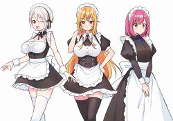 3girls ;d absurdres alternate_costume apron arato_hisako ascot black_ascot black_dress black_ribbon black_thighhighs blonde_hair breasts cleavage dress enmaided frilled_apron frilled_dress frills grey_hair highres large_breasts maid maid_headdress multiple_girls nakiri_alice nakiri_erina neck_ribbon one_eye_closed open_mouth pink_eyes pink_hair red_eyes ribbon shokugeki_no_souma short_hair smile teeth thighhighs toy-black upper_teeth_only waist_apron white_apron white_thighhighs zettai_ryouiki