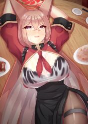 1girl absurdres animal_ears arms_up black_bra blue_archive blush bra china_dress chinese_clothes colored_inner_hair crossed_bangs dress food fox_ears fox_girl fried_rice halo highres holster kazayuki_kaya lace lace-trimmed_bra lace_trim long_hair looking_at_viewer lying multicolored_hair on_back on_table red_halo rope_belt rumi_(blue_archive) see-through_clothes see-through_shirt shirt shoulder_holster side_slit solo sweat table thigh_strap turtleneck turtleneck_dress underwear