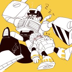 2boys 96uni69 black_background block_man blush_stickers closed_eyes highres impact_man mechanical_arms mechanical_boots mega_man_(classic) mega_man_(series) mega_man_11 multiple_boys robot sketch sleeping sleeping_together tagme twitter_username white_background yellow_background zzz