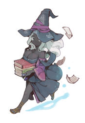 1girl ankle_lace-up ataruman bare_shoulders black_dress black_hat black_skin blue_eyes book book_stack breast_rest breasts carried_breast_rest carrying cleavage colored_skin commentary dress elden_ring elden_ring_nightreign full_body hat hat_ribbon highres holding holding_book large_breasts long_hair long_sleeves looking_at_viewer nail_polish off-shoulder_dress off_shoulder open_mouth orange_nails paper purple_ribbon recluse_(elden_ring) ribbon running simple_background solo white_background white_hair wide_sleeves witch_hat