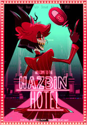 1boy alastor_(hazbin_hotel) animal_ears antlers arm_behind_back arm_up black_bow black_bowtie black_hair bow bowtie cane coat colored_sclera colored_skin colored_teeth commentary_request copyright_name cowboy_shot deer_antlers deer_ears english_text eyeshadow facing_back from_behind glitch hazbin_hotel holding holding_cane horns makeup male_focus meiji_ken monocle multicolored_hair pale_skin red_coat red_eyes red_eyeshadow red_hair red_sclera sharp_teeth solo striped_coat teeth twitter_username two-tone_hair yellow_teeth