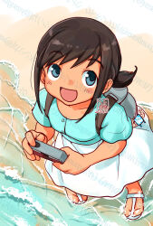 Rule 34 | 1girl, artist logo, beach, black hair, blue eyes, blue shirt, camera, dress, fubuki (kancolle), highres, holding, holding camera, kantai collection, kutone shirika, logo, looking at viewer, looking up, low ponytail, ponytail, sandals, shirt, skirt, smile, waves, white sandals, white skirt