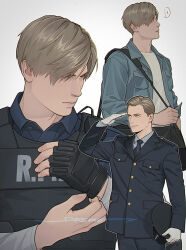 1boy arm_up black_gloves black_jacket black_necktie black_pants blonde_hair blue_jacket blue_shirt breast_pocket bulletproof_vest buttons closed_mouth collared_shirt crew_neck fingerless_gloves formal_clothes gloves grey_background gun hat holding holding_unworn_clothes holding_unworn_hat jacket lapels layered_sleeves leon_s._kennedy light_machine_gun long_sleeves machine_gun male_focus multiple_views necktie notched_lapels open_clothes open_jacket pants parted_hair peaked_cap pocket resident_evil resident_evil_2 rpd salute sardine_(kjr0313) shirt speech_bubble unworn_hat unworn_headwear weapon white_gloves white_shirt wing_collar