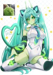 1girl :t alien alien_print alienposting_(meme) animal_ear_headphones animal_ears antennae aqua_eyes aqua_hair aqua_nails aqua_necktie artist_logo artist_name between_breasts black_sleeves blush boots breasts cameltoe cat cat_ear_headphones cat_tail closed_mouth collared_shirt colored_shoe_soles colored_skin commentary covered_navel cropped_shirt detached_sleeves dolphinjet english_commentary expressionless fake_animal_ears fingernails full_body glorpi_miku_(dyarikku) green_skin green_tail grid_background hand_on_own_thigh hatsune_miku headphones heart heart_tail highleg highleg_leotard highres leotard logo long_hair long_sleeves looking_at_viewer medium_breasts meme nail_polish necktie necktie_between_breasts photo_inset shirt simple_background sitting sleeveless sleeveless_shirt solo spread_legs star_(symbol) star_symbol_background tail thigh_boots twintails very_long_hair vocaloid white_background white_boots white_leotard white_shirt wing_collar