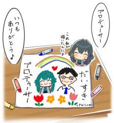 Rule 34 | 1girl, absurdres, character name, chibi, crayon, crayon drawing, desk, drawing (object), facing viewer, gakuen idolmaster, green hair, hair flaps, highres, idolmaster, long hair, paint on body, paint on clothes, paper, ponsuke2700, producer (idolmaster), solo, tsukimura temari