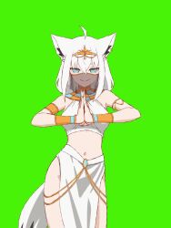 1girl ancient_egyptian_clothes animal_ears animated aqua_eyes bare_shoulders breasts center_opening closed_eyes closed_mouth cowboy_shot dancing egyptian_trend_(meme) fox_girl green_background highres hololive hyde_(tabakko) looking_at_viewer medium_breasts mouth_veil navel pelvic_curtain shirakami_fubuki smirk tagme veil video white_hair