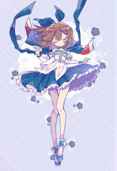 1girl arle_nadja armor blue_background blue_bow blue_cape blue_dress blue_shoes bow brown_hair cape closed_eyes detached_sleeves dress facing_viewer floating_clothes floating_hair flower footwear_bow frilled_dress frilled_footwear frilled_sleeves frills full_body futaba969649 hair_bow long_legs puffy_short_sleeves puffy_sleeves puyopuyo shoes short_hair short_sleeves shoulder_armor simple_background solo u_u volks_dd w_arms white_bow white_dress