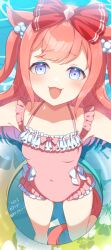 1girl agnes_digital_(umamusume) alternate_costume arms_at_sides blue_eyes blush bow breasts collarbone commentary_request covered_navel dated hair_between_eyes hair_bow hair_ornament innertube koruri looking_at_viewer open_mouth outdoors pool ribbon small_breasts solo swim_ring swimsuit twitter_username umamusume