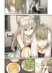 1boy 1girl absurdres araido_kagiri black_shirt blonde_hair blue_eyes bowl chair comic dress drying food highres long_hair original pancake plate pointing salad shirt short_hair silent_comic sitting sleeveless sleeveless_dress sleeveless_shirt soup table towel window