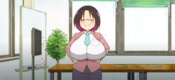 1girl blue_necktie breasts elma_(maidragon) female_focus glasses gradient_background hands_on_own_legs horn joylewds kobayashi-san_chi_no_maidragon large_breasts looking_at_viewer medium_hair necktie smile solo third-party_edit