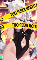 1girl absurdres bare_shoulders black_hair blurry blurry_background blush bow bowtie breasts caution_tape clothing_cutout commentary covering_breasts covering_face covering_privates detached_sleeves english_commentary grey_hair highres hololive indoors keep_out large_breasts leotard long_hair medium_breasts navel navel_cutout playboy_bunny shirakami_fubuki smile solo stomach thighs traditional_bowtie virtual_youtuber wakaunderblade7 white_hair