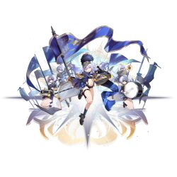 5girls bagpipes banner blindfold blue_eyes deatheach drum game_cg girls&#039;_frontline girls&#039;_frontline_neural_cloud grey_hair hat highres instrument marching_band marching_band_baton midriff multiple_girls navel official_art plaid_clothes plaid_scarf plume scarf shako_cap short_shorts shorts third-party_source transparent_background trumpet undine_(neural_cloud)