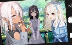 3girls :d aroa_(aroamoyasi) birthday_connection black_hair black_shirt blonde_hair blue_hairband blue_shirt blue_skirt blurry blurry_background blush bow_hairband breasts brown_eyes casual check_commentary chloe_von_einzbern closed_mouth commentary_request crepe dappled_sunlight dark-skinned_female dark_skin double-parted_bangs dress fake_screenshot fate/kaleid_liner_prisma_illya fate_(series) food fruit grey_dress hair_between_eyes hair_ornament hairband hairclip holding holding_crepe holding_food ice_cream_crepe ice_cream_scoop_(utensil) illyasviel_von_einzbern long_hair long_sleeves looking_at_viewer medium_breasts miyu_edelfelt multiple_girls off-shoulder_shirt off_shoulder open_mouth outdoors plaid_hairband ponytail railing red_eyes shirt sidelocks skirt smile split_mouth strawberry strawberry_slice sunlight user_interface v white_hair white_shirt wooden_railing yellow_eyes