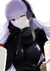 1girl black_bodysuit black_gloves black_headdress bodysuit breasts cake fate/grand_order fate_(series) food gloves green_ribbon hand_on_own_cheek hand_on_own_face heterochromia highres kingprotea_(fate) large_breasts latex latex_bodysuit long_hair looking_at_viewer o-ring_arm_strap purple_eyes purple_hair ribbon smirk toumokorosi_01 very_long_hair xochitonal_(fate) yellow_eyes
