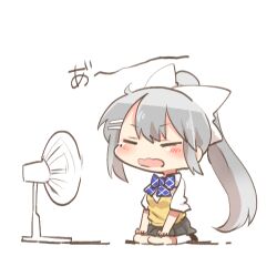 1girl black_shoes blush_stickers bow chibi closed_eyes collared_shirt electric_fan fanning_face fanning_self full_body grey_hair grey_skirt hair_bow hair_ornament hairclip higuchi_kaede higuchi_kaede_(3rd_costume) mole mole_under_eye nijisanji open_mouth pleated_skirt ponytail rebecca_(keinelove) school_uniform seiza shirt shoes short_sleeves simple_background sitting skirt socks solo sweater_vest virtual_youtuber wavy_mouth white_background white_bow white_shirt white_socks