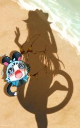 ! 1girl @_@ animal_ears beach bikini blush breasts chattino_(raora_panthera) commentary day dressed_shadow_(meme) feet_up flying_sweatdrops hashtag-only_commentary highres hololive hololive_english large_breasts long_hair meowmaffura ocean open_mouth outdoors panther_ears panther_girl panther_tail raora_panthera sand side-tie_bikini_bottom silhouette swimsuit tail unworn_bikini_bottom unworn_bikini_top virtual_youtuber yellow_bikini