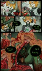 2girls ascot black_vest blonde_hair blood blood_in_hair blood_on_clothes blood_on_face blush bodysuit breasts cannibalism collared_shirt commentary demon_horns disembowelment don_quixote_(project_moon) e.g.o_(project_moon) english_commentary english_text ero_guro fangs freckles from_side gem green_ascot green_bodysuit green_gemstone guro highres horns intestines ishmael_(project_moon) lantern_(e.g.o) large_breasts limbus_company lobotomy_corporation_(identity)_(project_moon) long_hair long_sleeves looking_at_viewer lying mircalladesire multiple_girls on_back on_floor open_mouth orange_hair pov_inside_mouth project_moon saliva sharp_teeth shirt short_hair slit_pupils smile sound_effects speech_bubble sweat teeth tongue tongue_out twitter_username very_long_hair vest wingbeat_(e.g.o) yellow_eyes yellow_gemstone