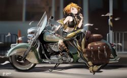 1girl absurdres artist_name bangle black_leggings blurry blurry_background boots bracelet brown_boots chinese_commentary commentary down_jacket earrings engine exhaust_pipe feathers flying_paper full_body high_heels highres jacket jewelry knee_pads leather_bag leggings logo motor_vehicle motorcycle multicolored_legwear navel orange_hair original outdoors paper purple_eyes qnzy railing road shadow shirt short_hair side-view_mirror sitting sitting_on_object skin_tight sleeveless sleeveless_jacket sleeveless_shirt smile solo stomach sunglasses thigh_strap traffic_cone unworn_eyewear vehicle_request wheel windshield yellow_jacket yellow_leggings zipper