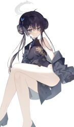 bare_shoulders black_dress black_hair blue_archive china_dress chinese_clothes crossed_legs dress grey_eyes grey_halo grey_jacket hair_between_eyes halo high_heels highres jacket kedge kisaki_(blue_archive) looking_at_viewer simple_background thighs white_background