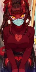 1girl black_hair black_thighhighs blunt_bangs bow breasts cleavage cleavage_cutout clothing_cutout colored_skin commentary covered_mouth demon_girl demon_horns demon_tail earrings english_commentary hair_between_horns hair_bow heart_cutout highres horns indoors jewelry long_hair long_sleeves looking_at_viewer mask medium_breasts meruccubus_(merunyaa) merunyaa mouth_mask multicolored_eyes oni oni_horns original plaid_clothes plaid_skirt pointy_ears red_eyes red_horns red_oni red_skin red_skirt red_sweater red_tail revision sitting skirt solo surgical_mask sweater tail thighhighs train_interior v_arms yellow_eyes zettai_ryouiki
