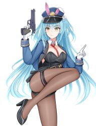 1girl azur_lane belt beretta_92 between_breasts black_leotard blue_hair blush breasts crotchless crotchless_pantyhose genius_1237to gloves gun handgun hat highres holding holding_gun holding_weapon holster jacket large_breasts leotard looking_at_viewer necktie necktie_between_breasts neptune_(azur_lane) neptune_(officer_bunneptune_is_on_the_case!)_(azur_lane) open_clothes pantyhose police police_hat red_necktie standing standing_on_one_leg thigh_holster utility_belt weapon white_gloves yellow_eyes