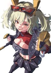 1girl absurdres black_jacket black_skirt black_thighhighs blonde_hair blurry blush breasts burnice_white cleavage crop_top depth_of_field flamethrower highres jacket large_breasts looking_at_viewer midriff red_eyes skirt smile solo strapless thighhighs tora_(kumo_sakamoto) tube_top twintails weapon white_background zenless_zone_zero