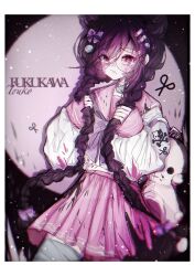 1girl alternate_costume bandaid bandaid_hair_ornament bandaid_on_face bandaid_on_nose blood blood_splatter border bow braid character_name chromatic_aberration closed_mouth danganronpa:_trigger_happy_havoc danganronpa_(series) eyelashes fukawa_toko glasses hair_bow hair_ornament highres holding holding_own_hair long_hair long_sleeves mole mole_under_mouth monokuma non-web_source pink_blood pink_sailor_collar pink_skirt purple_bow purple_eyes purple_hair round_eyewear sailor_collar school_uniform scissors serafuku shirt skirt skull_and_crossbones solo stuffed_toy twin_braids twintails umairih white_border white_shirt