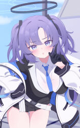 1girl absurdres belt black_gloves blue_archive blue_necktie blush fortysansan gloves hair_ornament halo highres jacket long_hair looking_at_viewer mechanical_halo necktie open_clothes open_jacket open_mouth pleated_skirt purple_eyes skirt thighs triangle_hair_ornament twintails yuuka_(blue_archive)