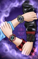 commentary english_commentary english_text hand_on_another&#039;s_arm haze highres junpei_(kyokugen_dasshutsu) kyokugen_dasshutsu kyokugen_dasshutsu:_9_jikan_9_nin_9_no_tobira kyokugen_dasshutsu_adv:_zennin_shibou_desu long_sleeves multiple_persona plaid_clothes purple_background signature skull tenmyouji_(kyokugen_dasshutsu) watch wristwatch zero_escape:_toki_no_dilemma