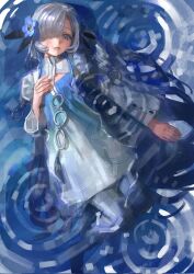 1girl anemone_(flower) blue_dress blue_flower blue_hair chinese_commentary cleavage_cutout closed_mouth clothing_cutout commentary_request corrupted_twitter_file dress flower gradient_clothes gradient_dress hair_flower hair_ornament hair_over_one_eye highres isekaijoucho kamitsubaki_studio kofi-mo long_hair long_sleeves looking_at_viewer multicolored_hair one_eye_covered partially_submerged shrug_(clothing) solo two-tone_dress two-tone_hair water white_dress white_hair