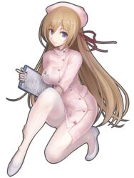 1girl blonde_hair breasts chaos;child clipboard dress full_body hair_ribbon hat high_heels highres kurusu_nono large_breasts long_hair looking_at_viewer nurse nurse_cap purple_eyes ribbon science_adventure shiny_lips shoes simple_background skirt smile solo tomtom_h1 white_background