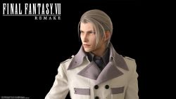 1boy 3d black_background blonde_hair blue_eyes buttons closed_mouth coat collar final_fantasy final_fantasy_vii final_fantasy_vii_remake formal_clothes grey_shirt highres looking_to_the_side male_focus necktie nomura_tetsuya official_art roberto_ferrari rufus_shinra shirt short_hair simple_background solo square_enix suit title white_coat zipper