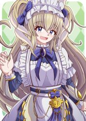 1girl aospanking apron blonde_hair bow breasts checkered_background dragon_girl dragon_horns dragon_wings dress duel_monster frilled_apron frilled_dress frilled_hairband frilled_sleeves frills hair_bow hairband highres horns lady&#039;s_dragonmaid long_hair long_sleeves looking_at_viewer maid maid_apron maid_headdress medium_breasts open_mouth puffy_long_sleeves puffy_sleeves purple_bow purple_eyes smile solo very_long_hair white_apron wings yu-gi-oh!