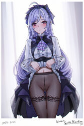 Rule 34 | 1girl, black pantyhose, blush, breasts, closed mouth, dated, female pubic hair, highres, large breasts, long hair, long sleeves, looking at viewer, md5 mismatch, mole, mole under eye, navel, no panties, paid reward available, pantyhose, pointy ears, pubic hair, purple hair, pussy juice, pussy juice drip through clothes, pussy juice trail, red eyes, resolution mismatch, revision, selcky, sidelocks, solo, source smaller, standing, thigh gap, thighband pantyhose, thighs, underwear, vivian banshee, zenless zone zero