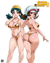 2girls absurdres alternate_breast_size ass bikini blue_eyes breasts brown_eyes brown_hair curvy from_behind gold_bikini hat highres kris_(pokemon) kyoffie large_breasts looking_at_viewer looking_back lyra_(pokemon) micro_bikini multiple_girls nintendo parted_lips pokemon pokemon_gsc pokemon_hgss shiny_skin simple_background smile standing swimsuit thighs thong thong_bikini twintails white_background white_hat wide_hips yellow_hat