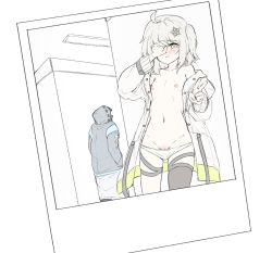 1boy 1girl arknights asymmetrical_legwear bad_id bad_pixiv_id blush coat collarbone covering_one_eye doctor_(arknights) fake_photograph grey_hair hallway heart heart-shaped_eyes hood hood_down hood_up hooded_coat jokebag looking_at_viewer nipples no_bra open_clothes open_coat panties panty_pull petite polaroid_photo public_indecency pussy pussy_peek scene_(arknights) side_ponytail solo_focus standing underwear v