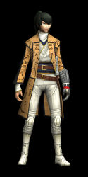1boy 3d absurdres amazon_(company) belt black_background black_hair coat flynn_(megami_tensei) gauntlets highres lips long_sleeves male_focus official_art ponytail shin_megami_tensei shin_megami_tensei_iv simple_background sleeves_past_wrists solo standing
