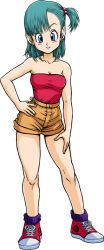 1girl aqua_hair bare_arms bare_legs bare_shoulders blue_eyes blue_hair breasts bulma c: casual cleavage closed_mouth collarbone contrapposto dragon_ball dragon_ball_(classic) female_focus full_body green_hair hair_bobbles hair_ornament hand_on_own_hip hand_on_leg hand_on_thigh hip_focus legs looking_at_viewer medium_breasts neck official_art one-piece_swimsuit ponytail red_tube_top shoes short_hair shorts side_ponytail smile sneakers solo standing strapless swimsuit transparent_background tube_top tube_top yellow_shorts