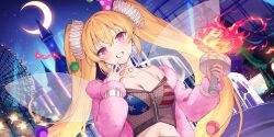 1girl aged_up alternate_costume alternate_hairstyle american_flag american_flag_bikini american_flag_print bare_shoulders bikini bikini_top_only blonde_hair blush breasts choker cleavage clownpiece clownpiece_(ultra_purified_hell_fairy) collarbone commentary crescent_moon english_commentary ferris_wheel flag_print flag_print_bikini fountain fur-trimmed_jacket fur_trim game_cg grin hair_ornament highres holding holding_torch jacket large_breasts long_hair long_sleeves looking_at_viewer moon navel night night_sky official_art open_clothes open_jacket outdoors pink_jacket print_bikini rangu red_eyes see-through_clothes see-through_shirt shirt sky smile solo star_(sky) swimsuit third-party_source torch touhou touhou_lostword twintails upper_body white_choker