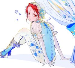 1girl blue_boots blue_corset boots corset curtains elbow_gloves expressionless floral_print flower frills from_behind gloves hat hat_flower highres kynokami looking_at_viewer looking_back mob_cap original pantyhose print_pantyhose puffy_short_sleeves puffy_sleeves red_eyes red_hair see-through_clothes see-through_sleeves short_sleeves sitting solo white_gloves white_pantyhose