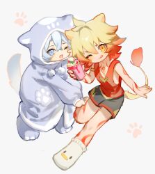 2boys absurdres animal_ears black_shorts blonde_hair braid chinese_commentary commentary_request cup dog_boy dog_ears dog_tail gradient_hair highres holding holding_cup honkai:_star_rail honkai_(series) lion_boy lion_ears lion_tail looking_at_viewer male_focus medium_hair multicolored_hair multiple_boys mydei_(honkai:_star_rail) official_alternate_costume one_eye_closed onesie open_mouth phainon_(honkai:_star_rail) red_hair red_tank_top shorts side_braid simple_background suirandanshihao tail tank_top tongue tongue_out white_background yellow_eyes